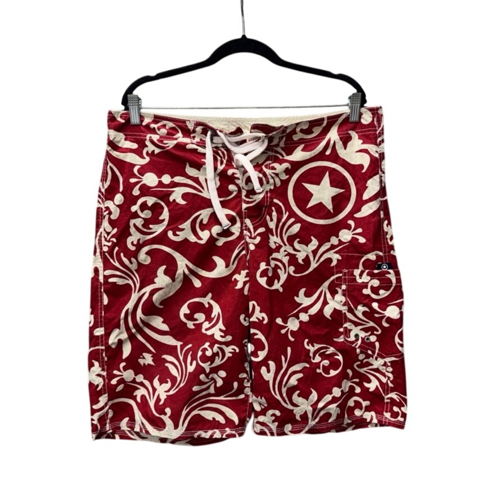 Converse One Star Mens 34 Board Shorts Red Cream Scroll Print Swim Trunks VN106